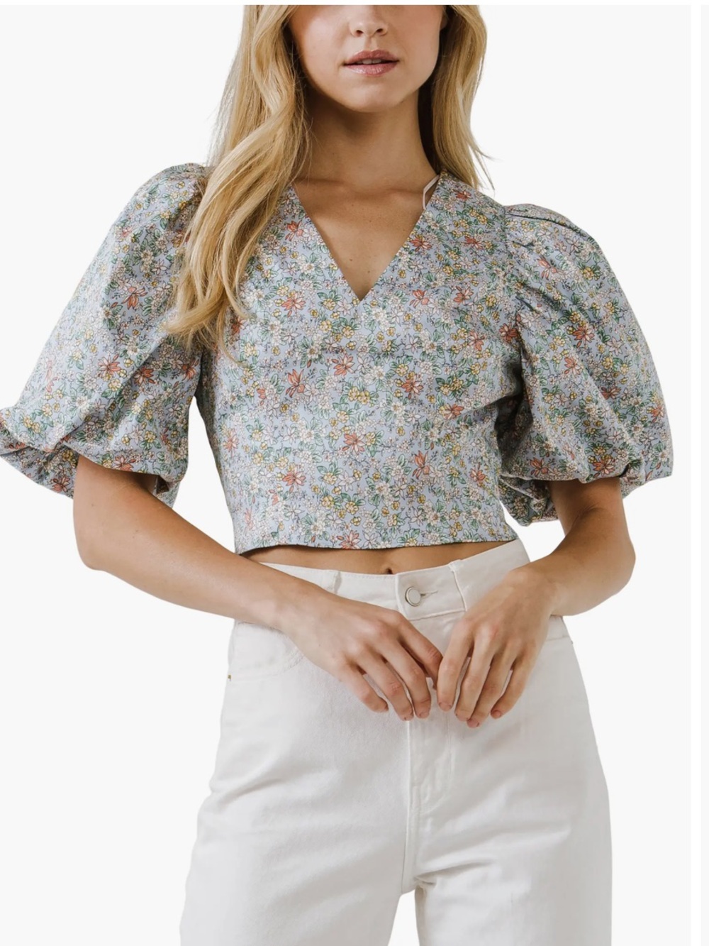 Endless Rose Light Blue Floral Puff Sleeve Crop Top